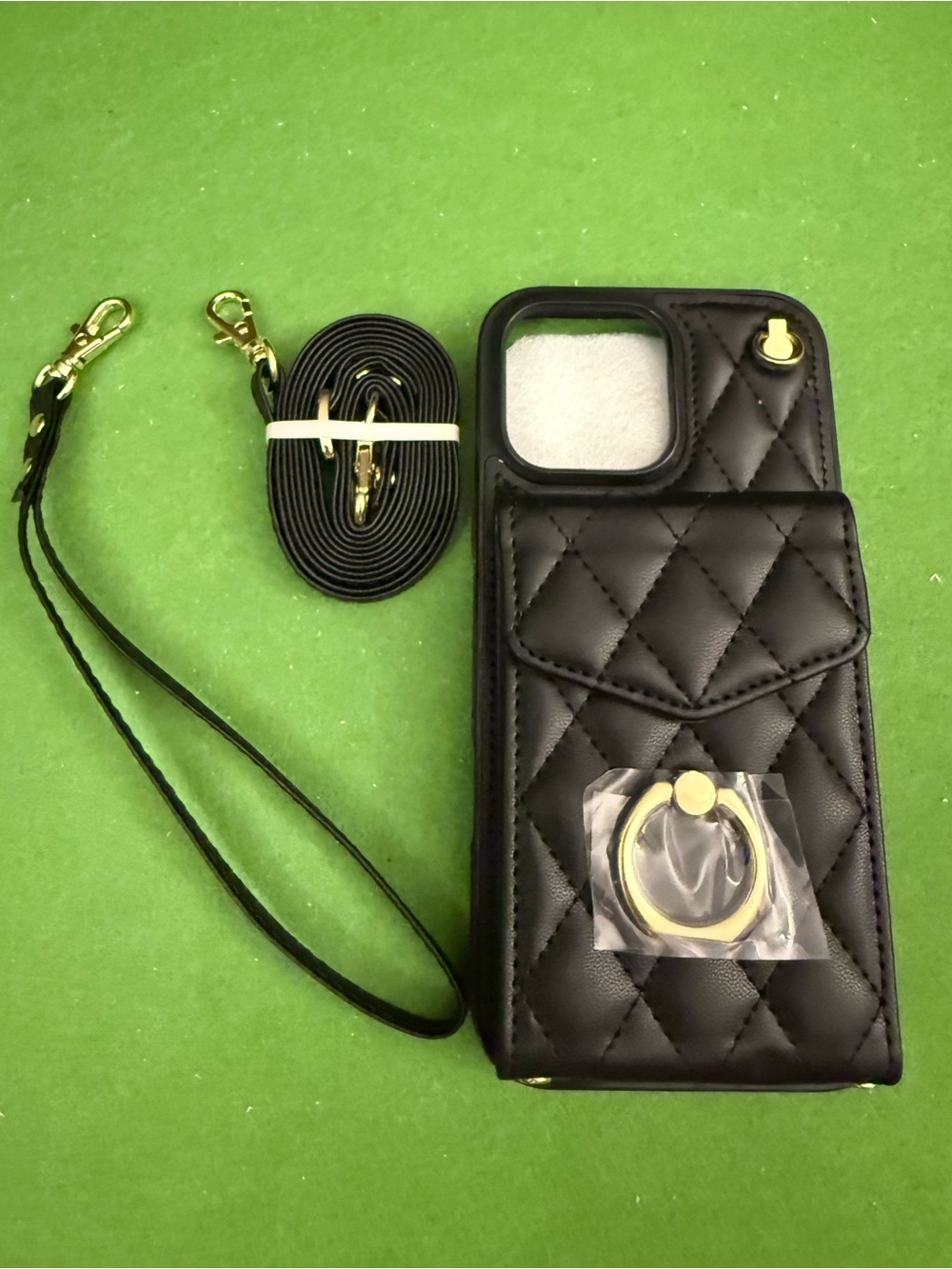 Black Quilted Crossbody Phone Case with Gold Hardware and card pocket
